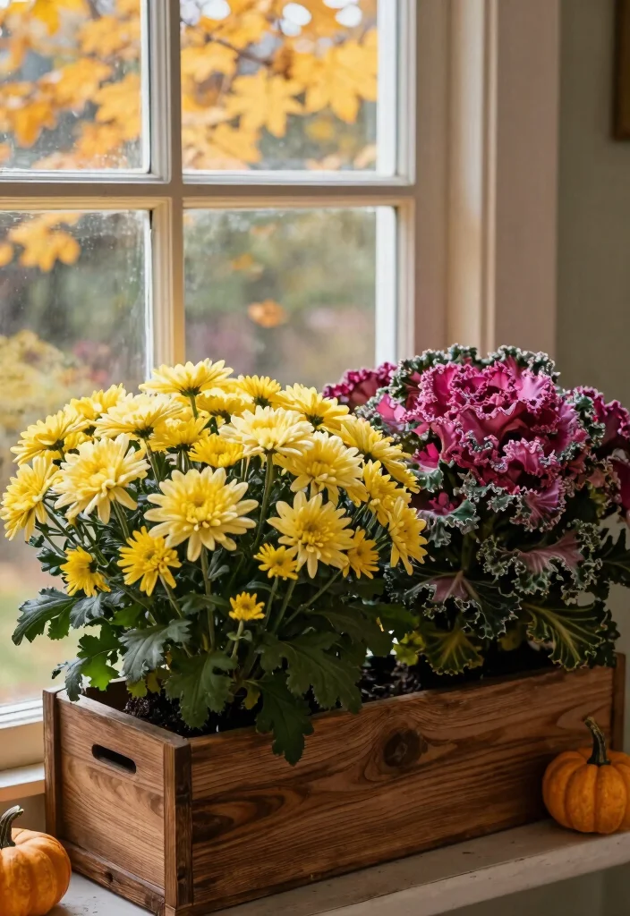 10 Best Fall Window Planter Box Ideas for Autumn 1. Elegant Mums and Ornamental Kale 0