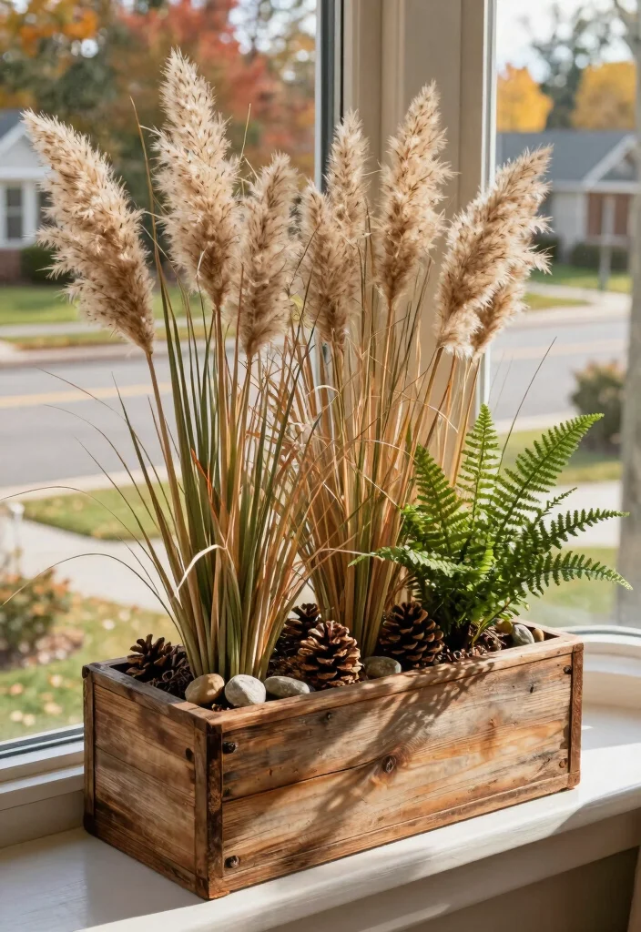 10 Best Fall Window Planter Box Ideas for Autumn 2. Rustic Wooden Planter with Dried Grasses 0