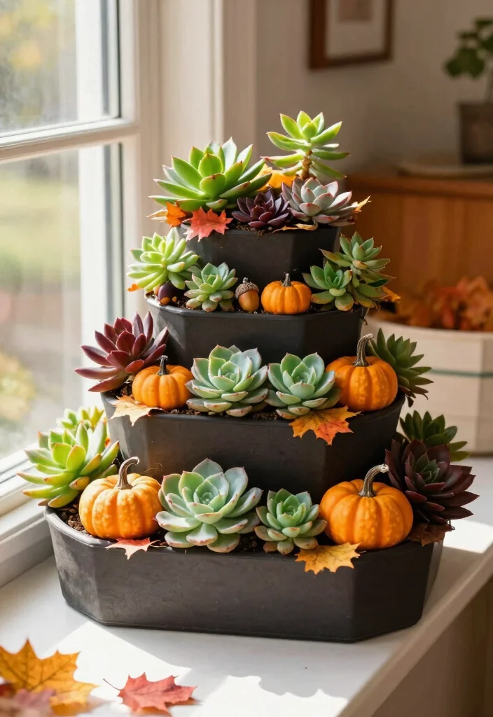 10 Best Fall Window Planter Box Ideas for Autumn 3. Succulent Display with Fall Accents 0