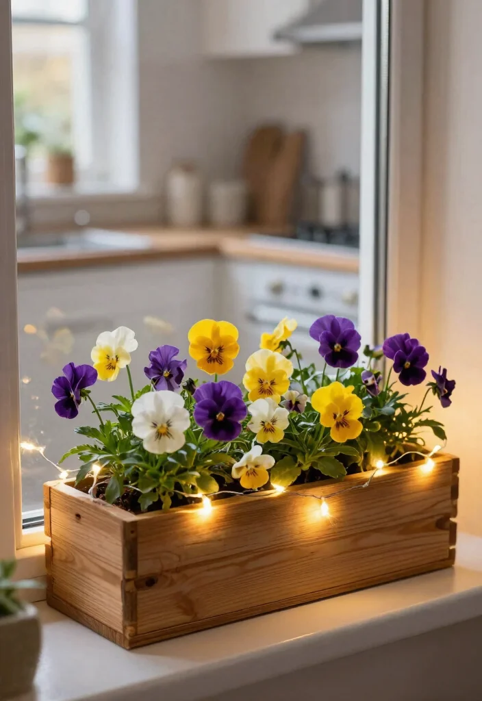 10 Best Fall Window Planter Box Ideas for Autumn 7. Charming Pansies with Fairy Lights 0