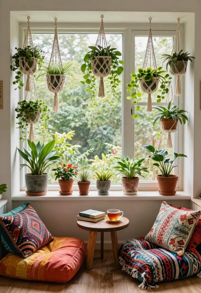 10 Cozy Box Window Nook Ideas for Indoor Seats 2. Boho Bliss with Hanging Plants 0