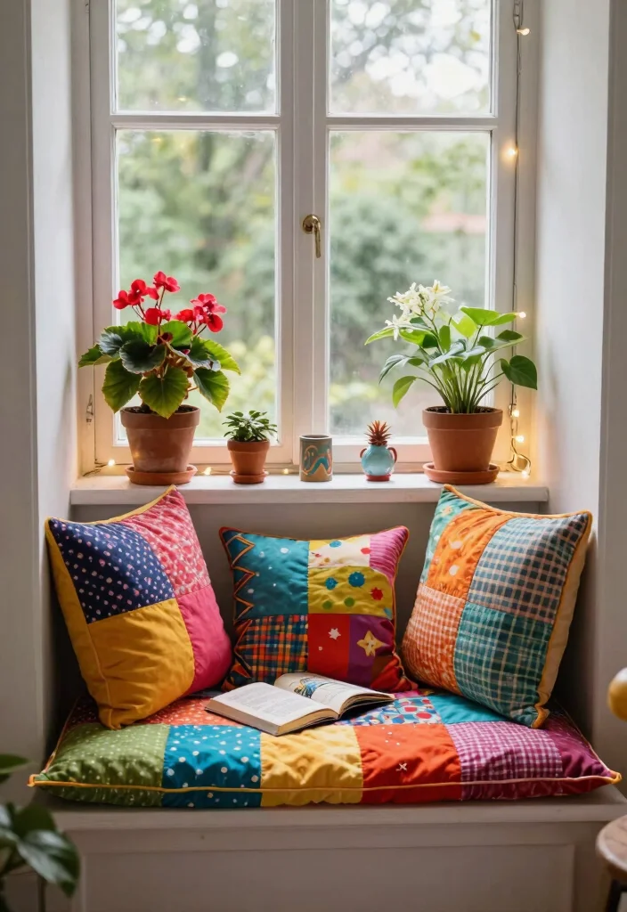 10 Cozy Box Window Nook Ideas for Indoor Seats 4. Colorful Patchwork Seating 0