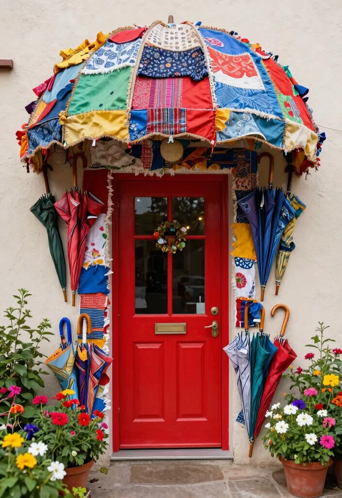 10 Stunning Front Door Awning Ideas for an Eco Friendly Entrance 10. Artistic Awnings with Upcycled Materials 0