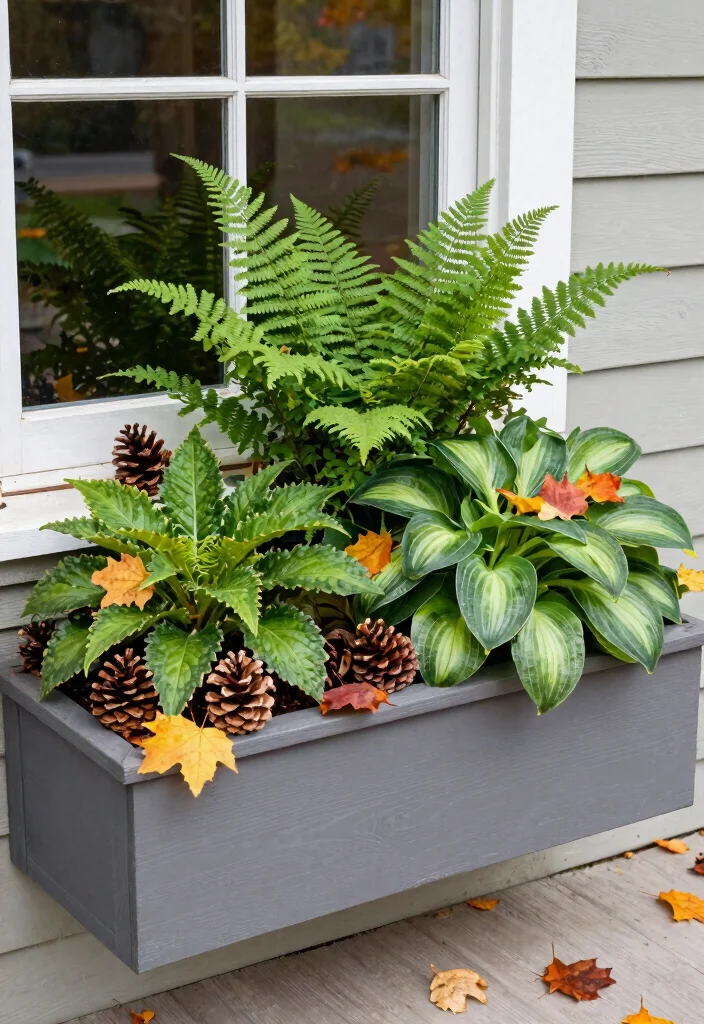 11 Best Fall Outdoor Window Box Ideas for Your Porch 10. Natures Palette Leafy Plants and Pinecones 0