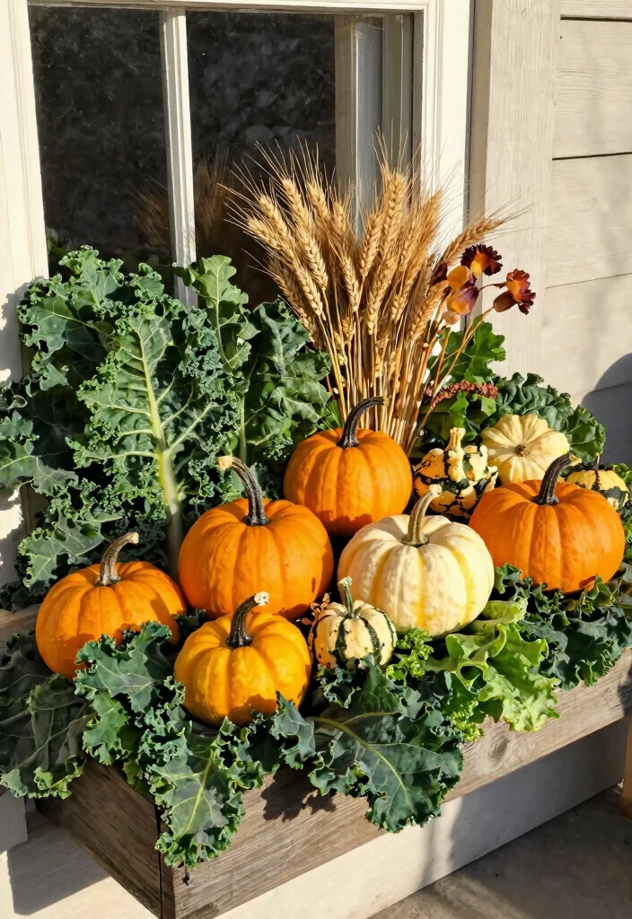 11 Best Fall Outdoor Window Box Ideas for Your Porch 2. Autumn Classic Pumpkins and Greens 0