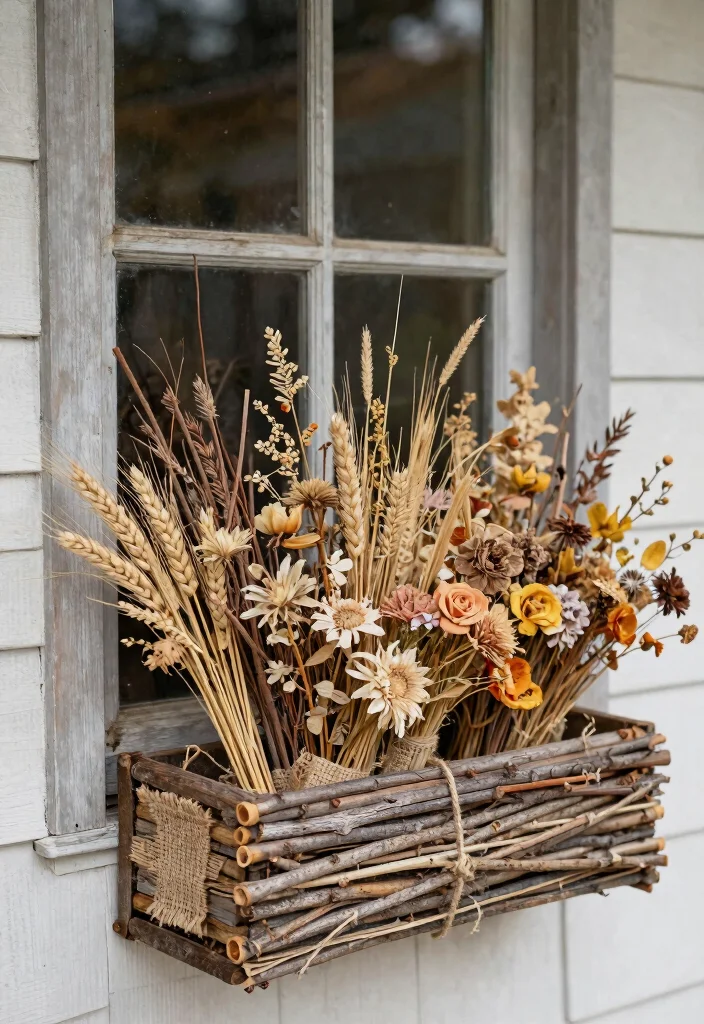 11 Best Fall Outdoor Window Box Ideas for Your Porch 6. Rustic Twigs and Dried Flowers 0