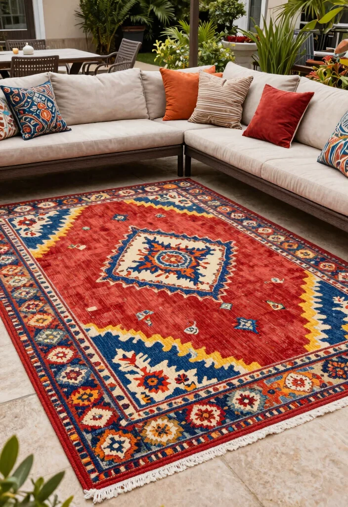 11 Best Patio Seating Decor Ideas for Large Gatherings 5. Stylish Outdoor Rugs 0