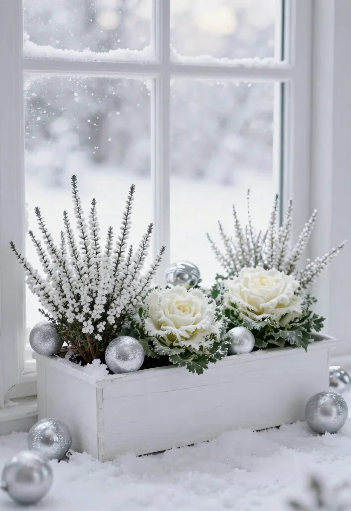 11 Festive Window Box Christmas Ideas for the Holidays 4. Winter Wonderland with White Plants 0