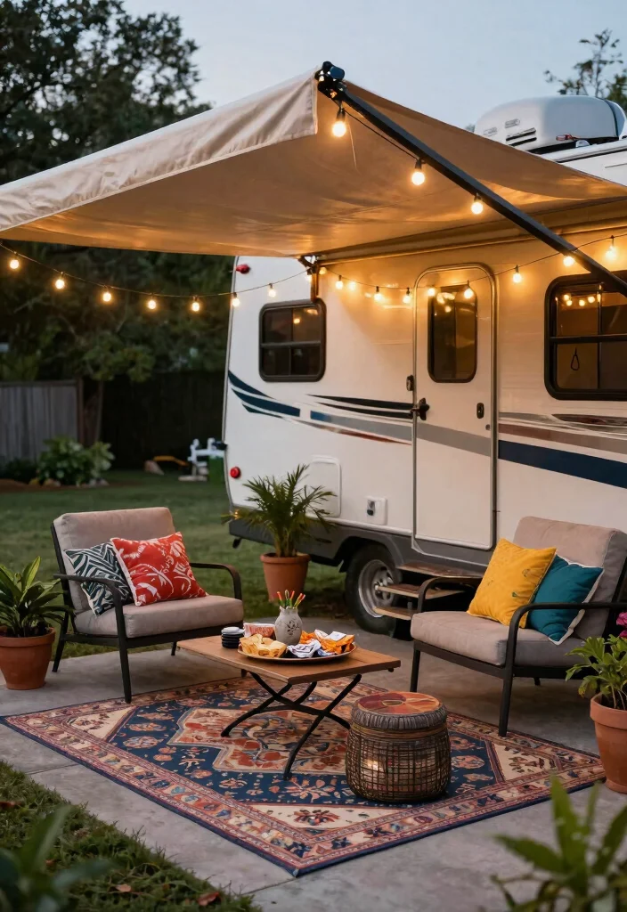 11 Must See RV Awning Ideas for Life on the Road 2. Cozy Outdoor Living Room 0