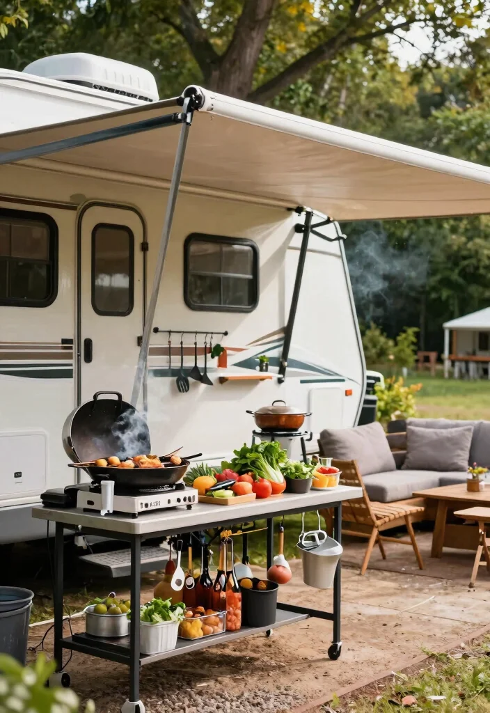 11 Must See RV Awning Ideas for Life on the Road 8. Outdoor Cooking Space 0