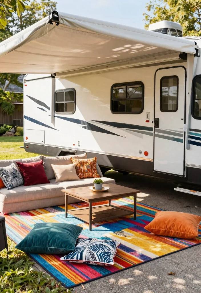 11 Must See RV Awning Ideas for Life on the Road 9. Camping Comfort with Outdoor Rugs 0