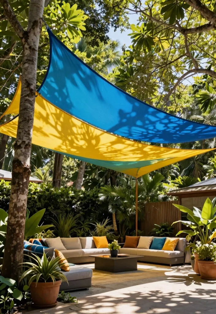 11 Practical DIY Awning Ideas for a Shady Backyard 2. Colorful Sail Shade 0