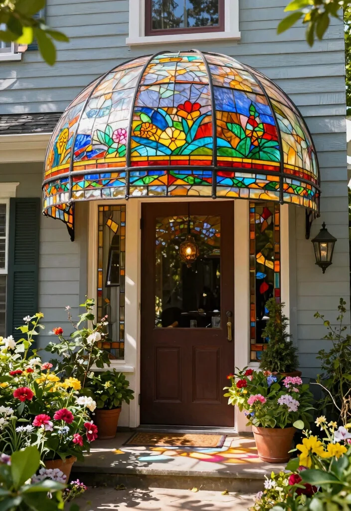 11 Welcoming Entry Awning Ideas for a Beautiful Home 10. Decorative Awning with Stained Glass 0
