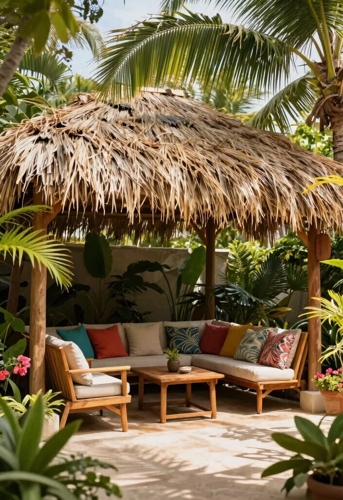 12 Beautiful Awning Canopy Ideas to Upgrade Your Patio 8. Eco Friendly Thatch Canopy 0