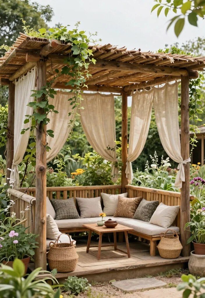 12 Enchanting Garden Awning Ideas for a Private Sanctuary 6. Rustic Shade Structures with Natural Materials 0