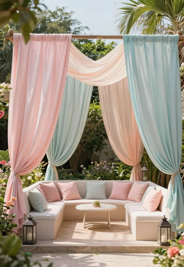 12 Enchanting Garden Awning Ideas for a Private Sanctuary 7. Fabric Drapes for Elegant Privacy 0