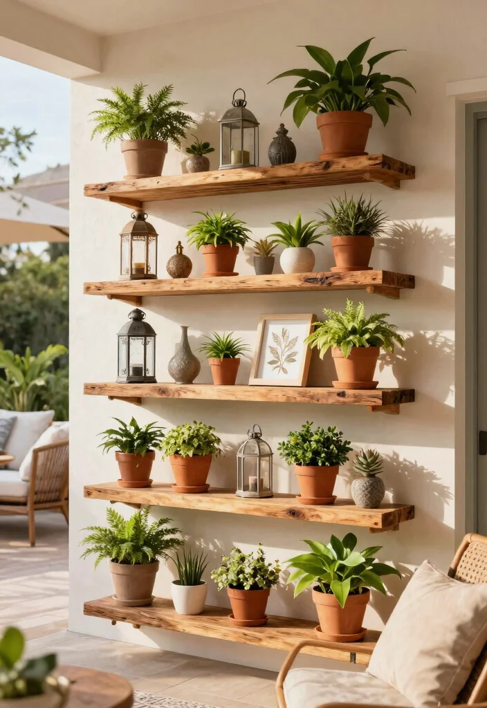 12 Stunning Patio Wall Decor Ideas to Personalize Your Space 9. Layered Shelving for Decor and Plants 0