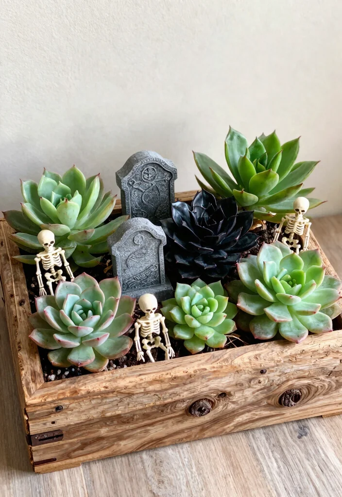 9 Spooky Halloween Window Box Ideas for Fun 9. Spooky Succulent Garden