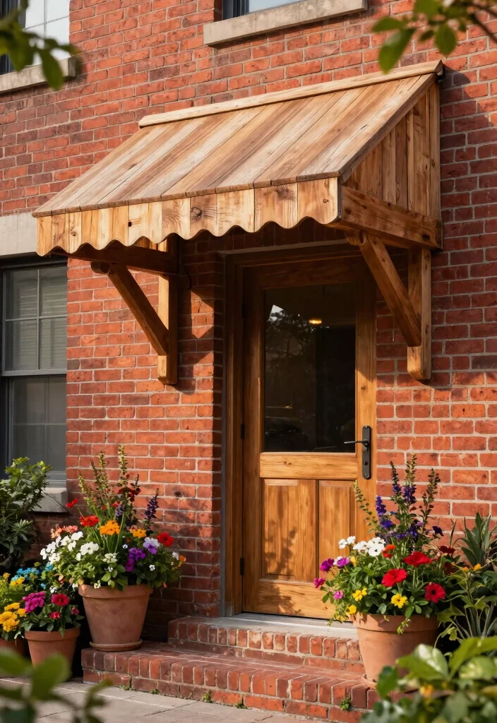 7 Best Front Door Awning Ideas for Brick Houses 1. Rustic Wooden Awning 0
