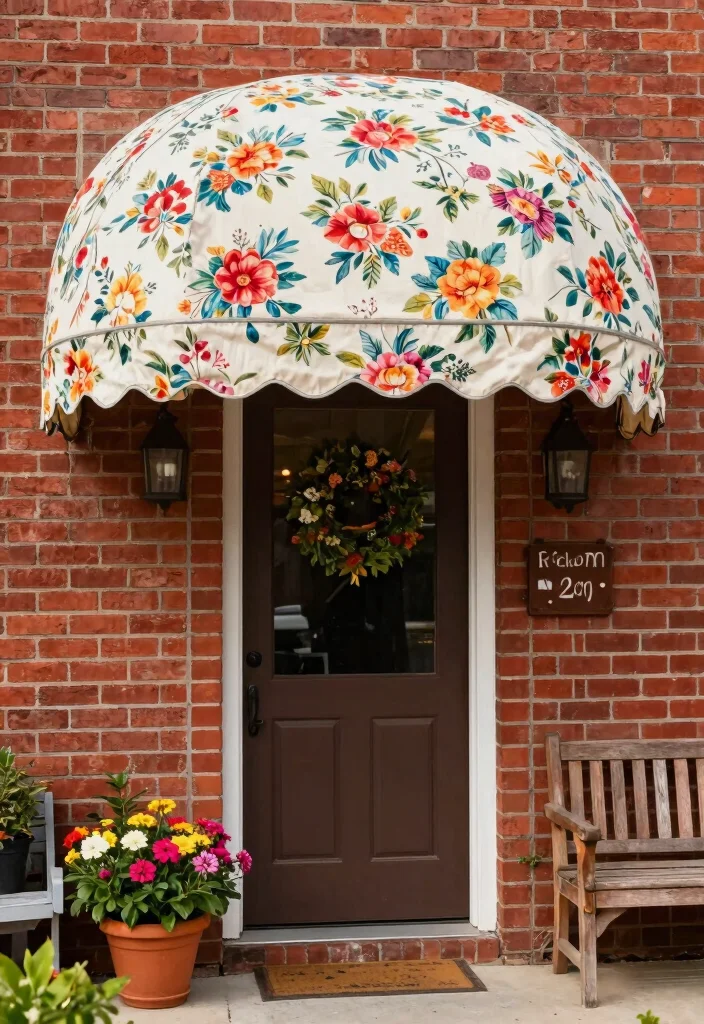 7 Best Front Door Awning Ideas for Brick Houses 3. Fabric Awning with Patterns 0