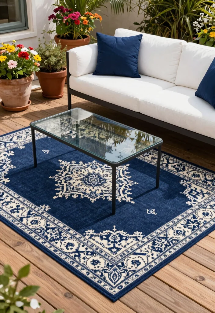 7 Chic Navy Blue Outdoor Patio Decor Ideas for Any Yard 1. Navy Blue Outdoor Rugs Defining Spaces 0