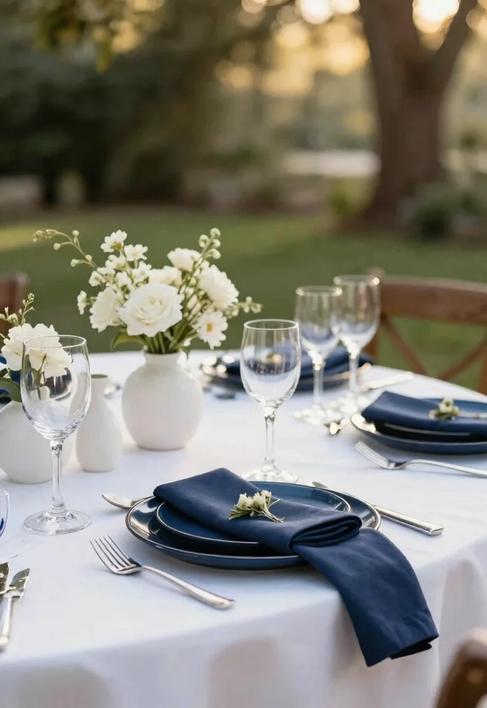 7 Chic Navy Blue Outdoor Patio Decor Ideas for Any Yard 3. Chic Blue Accented Table Settings 0