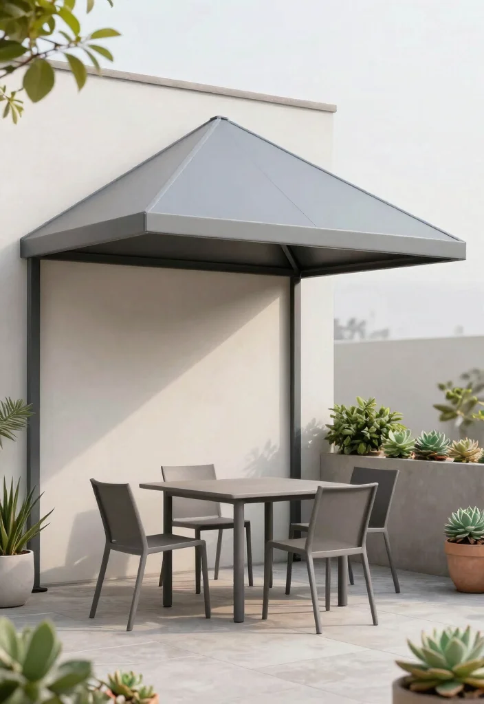 7 Durable Awning Ideas for Patio Metal Roof Designs 1. Sleek Minimalism with Geometric Shapes 0