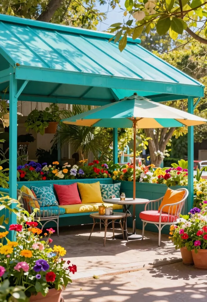 7 Durable Awning Ideas for Patio Metal Roof Designs 3. Bold Color Splash with Painted Awnings 0