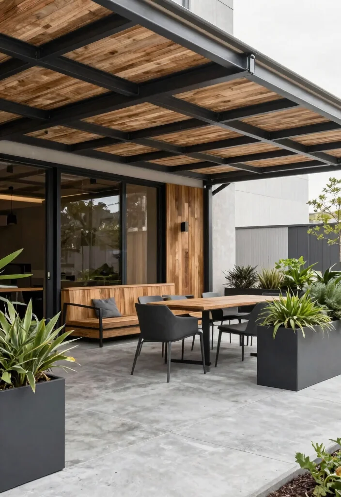7 Durable Awning Ideas for Patio Metal Roof Designs 6. Industrial Chic with Steel Beams 0
