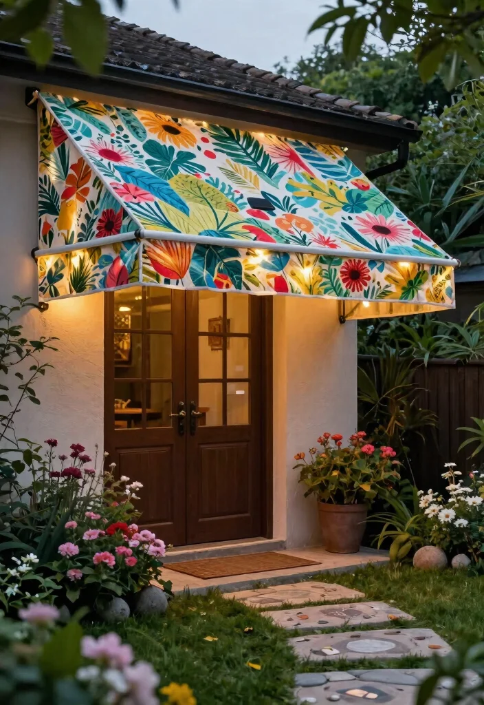 7 Grand Front Awning Ideas for Sustainable Gardening Entrances 2. Fabric Awning with Solar Lights 0