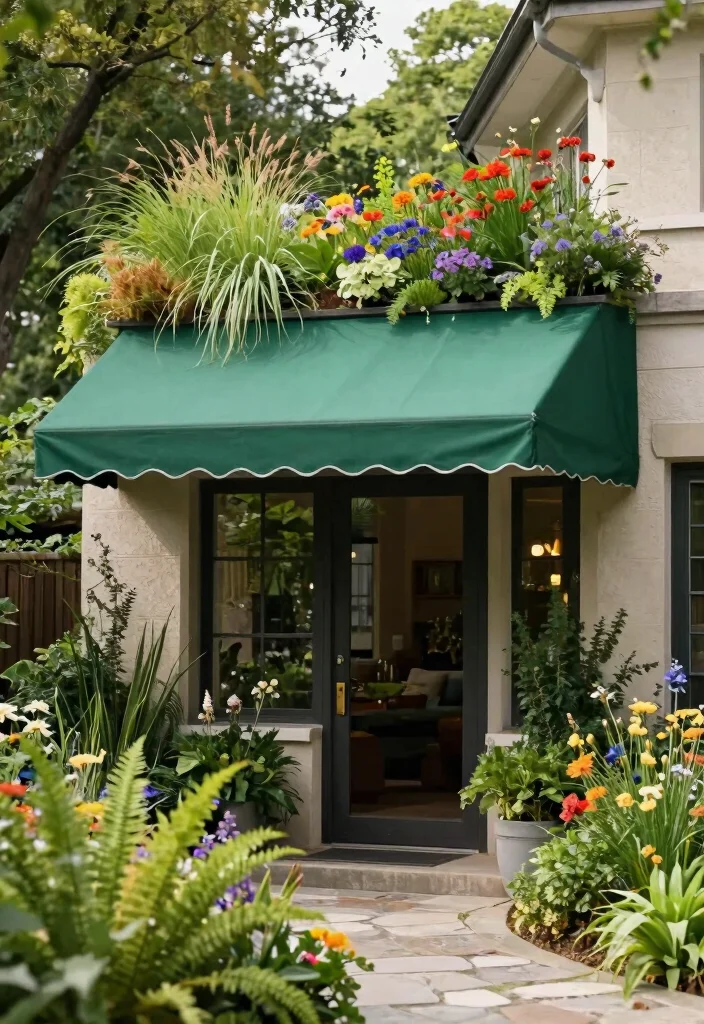7 Grand Front Awning Ideas for Sustainable Gardening Entrances 3. Green Roof Awning 0
