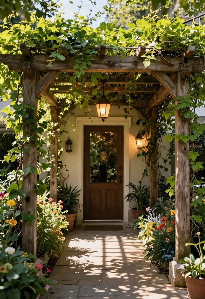 7 Grand Front Awning Ideas for Sustainable Gardening Entrances 5. Pergola Awning with Climbing Plants 0