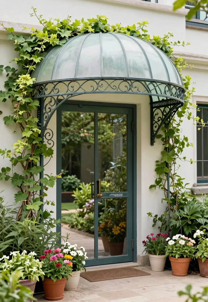 7 Grand Front Awning Ideas for Sustainable Gardening Entrances 6. Vintage Metal Awning 0