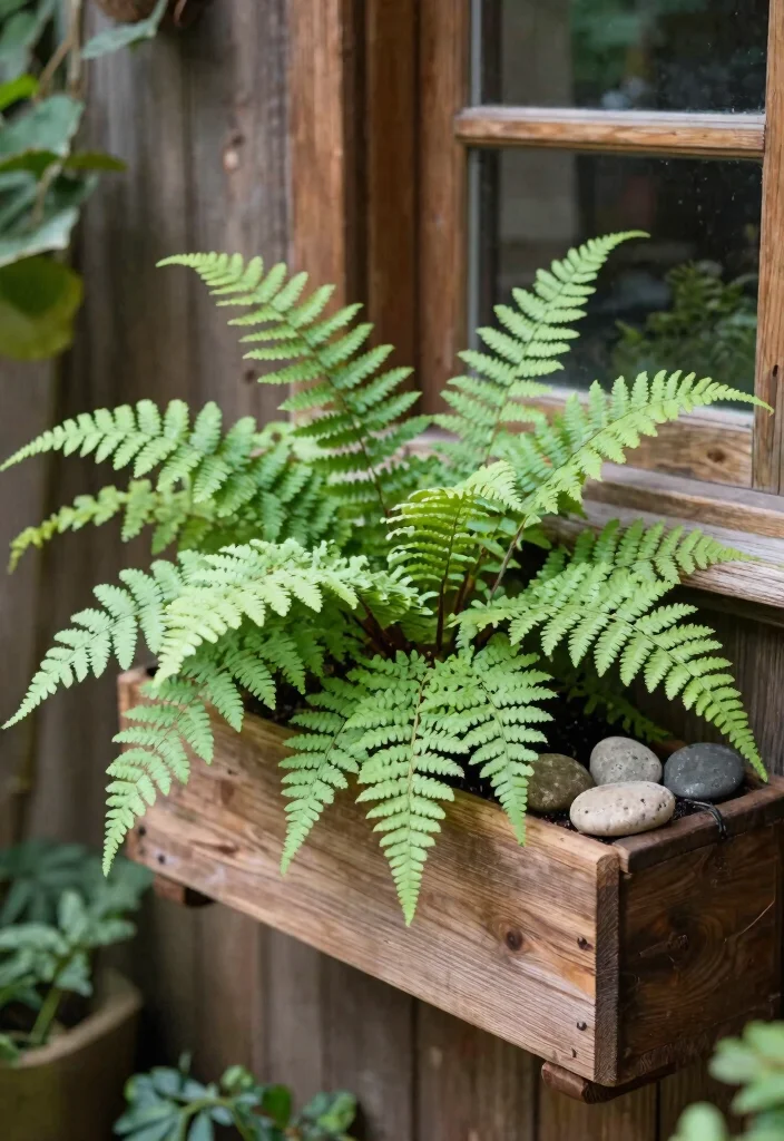 7 Lush Fern Window Box Ideas for Shady Patios 2. Rustic Charm with Maidenhair Ferns 0