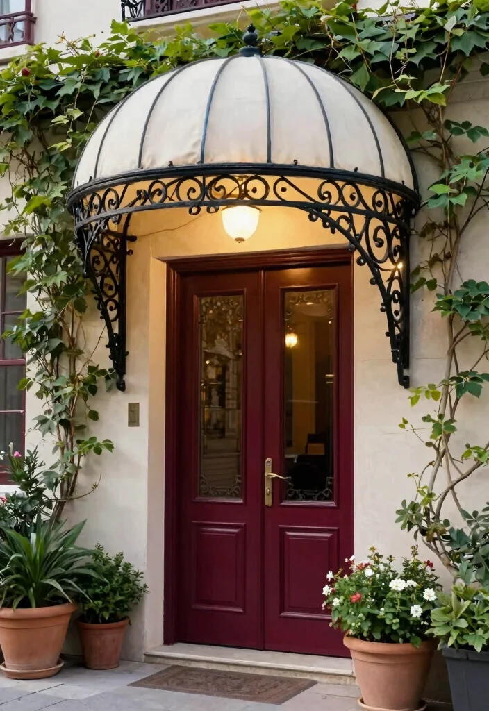 7 Timeless Front Door Awning Ideas for Better Curb Appeal 1. Chic Wrought Iron Awnings 0