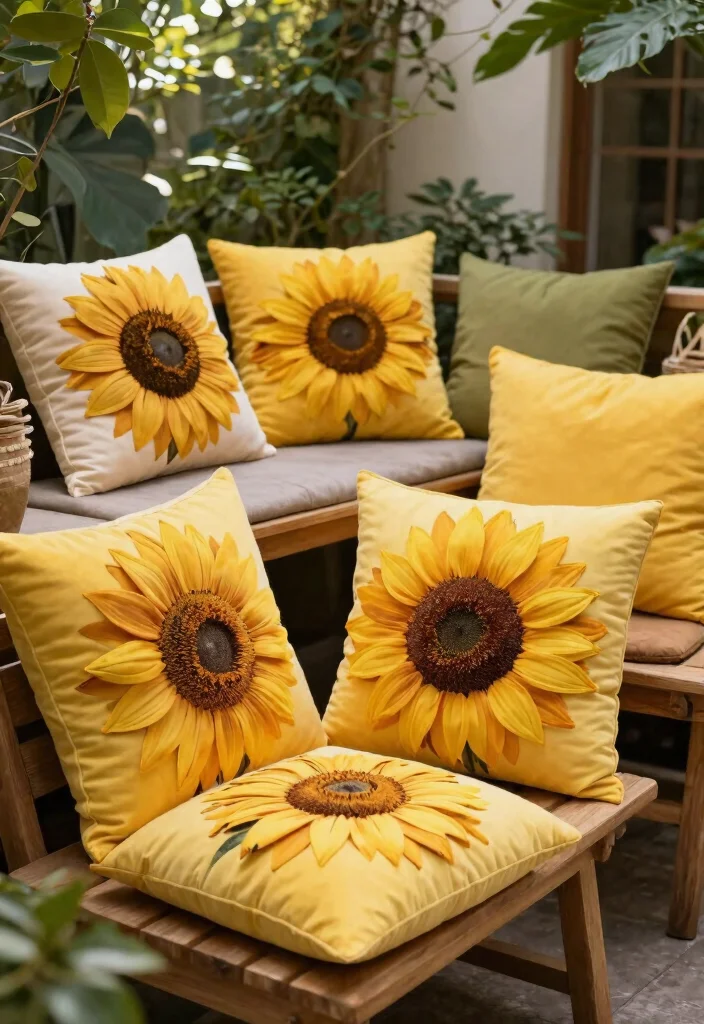 8 Cheerful Sunflower Patio Decor Ideas for Summer 1. Sunflower Patterned Outdoor Pillows 0