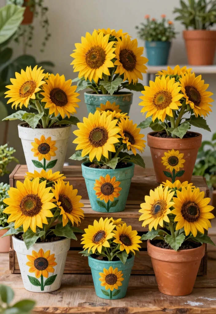 8 Cheerful Sunflower Patio Decor Ideas for Summer 2. DIY Sunflower Planters 0