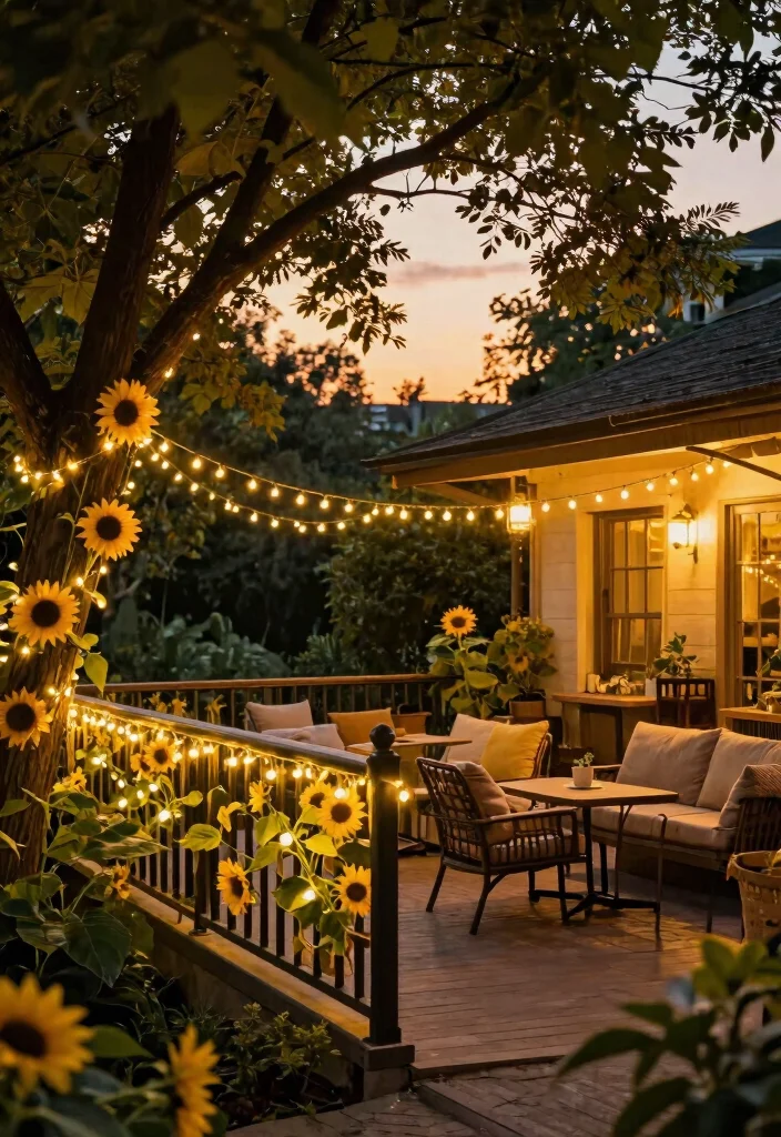 8 Cheerful Sunflower Patio Decor Ideas for Summer 3. Sunflower String Lights 0