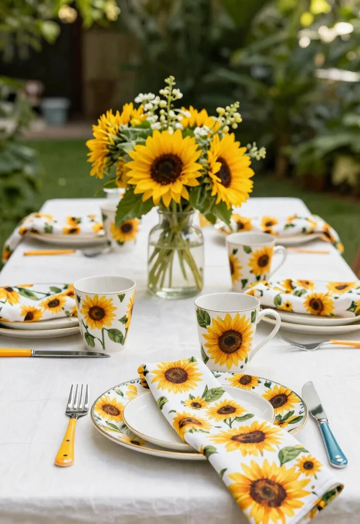 8 Cheerful Sunflower Patio Decor Ideas for Summer 6. Sunflower Themed Tableware 0