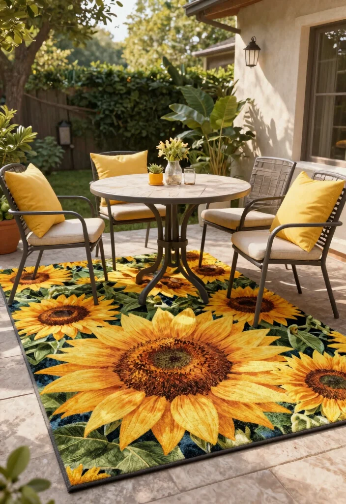 8 Cheerful Sunflower Patio Decor Ideas for Summer 8. Sunflower Themed Outdoor Rugs 0