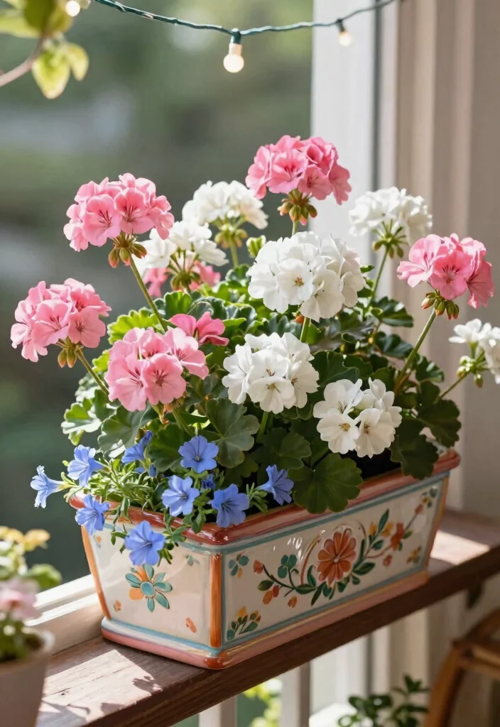 8 Classic Geranium Window Box Ideas for Summer Color 2. Whimsical Pink and White Geranium Mix 0