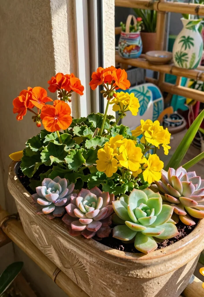 8 Classic Geranium Window Box Ideas for Summer Color 4. Tropical Vibes with Geraniums and Succulents 0