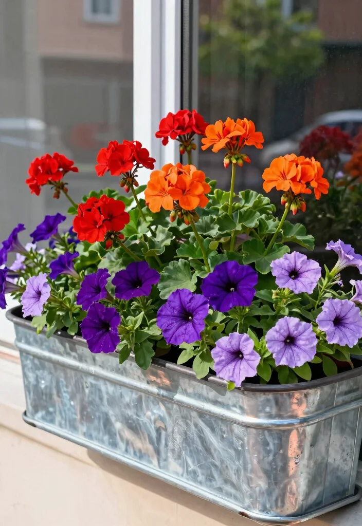 8 Classic Geranium Window Box Ideas for Summer Color 7. Colorful Geranium and Petunia Combo 0