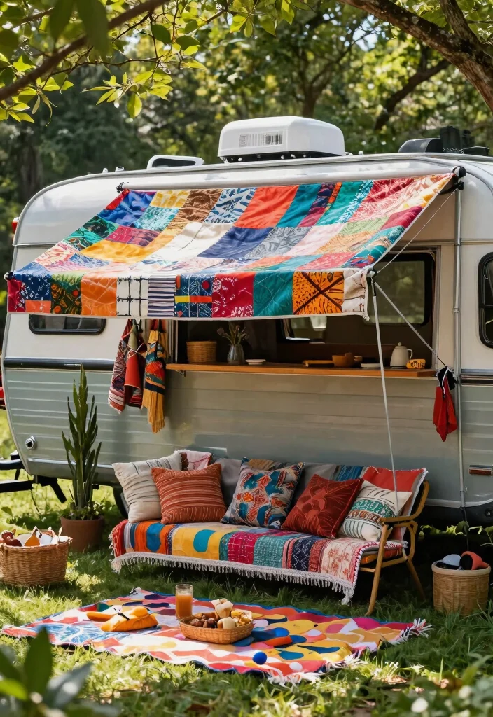 8 Durable Trailer Awning Ideas for Camping Comfort 7. Upcycled Fabric Awnings 0