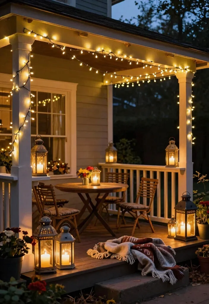8 Festive Front Patio Fall Decor Ideas for Autumn Charm 3. Lanterns and Fairy Lights Magic 0