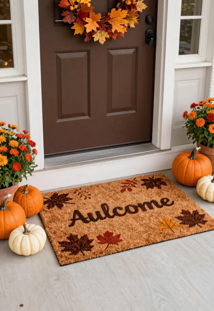 8 Festive Front Patio Fall Decor Ideas for Autumn Charm 5. Rustic Welcome Mat with a Twist 0