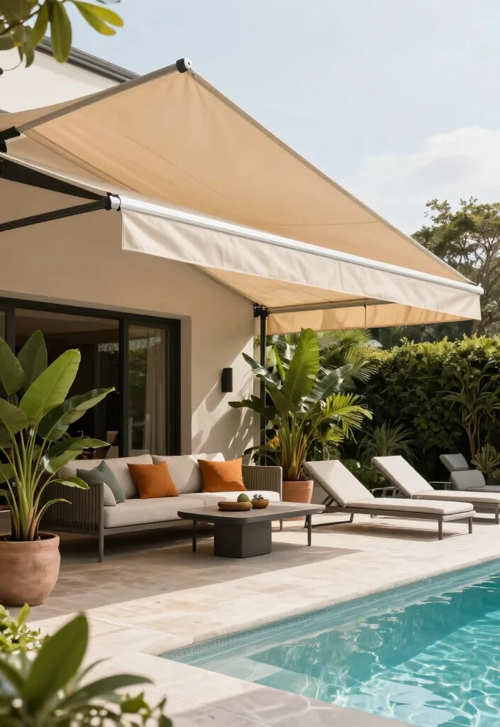 8 Soothing Pool Awning Ideas for a Resort Style Vibe 1. Elegant Retractable Awnings 0