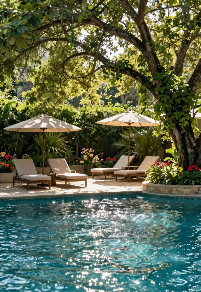 8 Soothing Pool Awning Ideas for a Resort Style Vibe 5. Lush Greenery Overhead 0