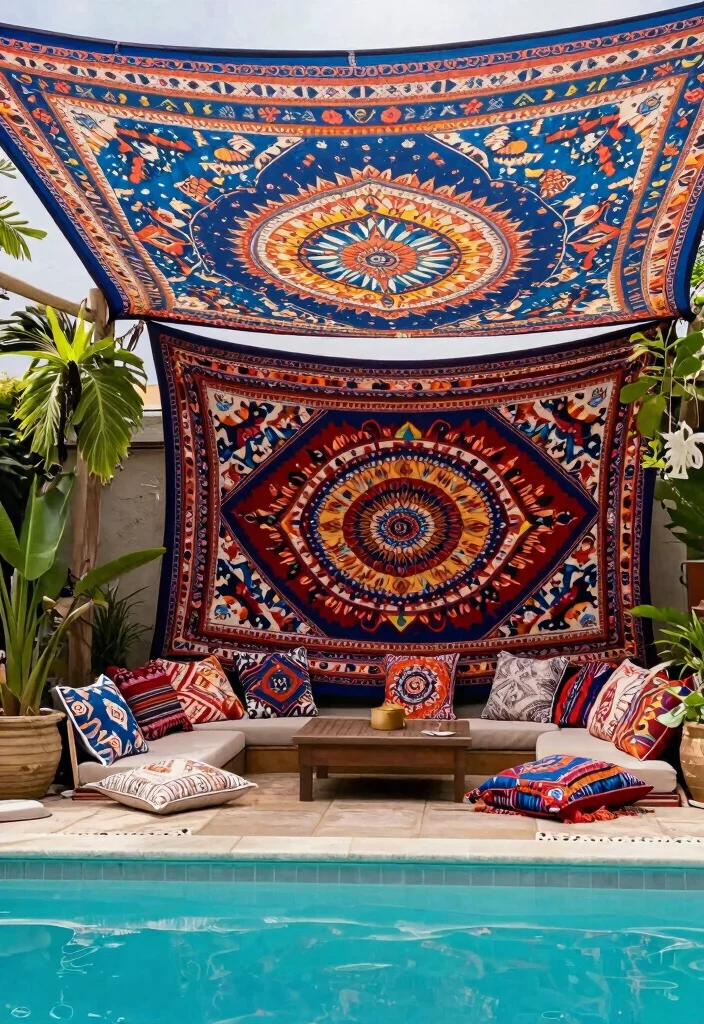 8 Soothing Pool Awning Ideas for a Resort Style Vibe 7. Bohemian Tapestry Awnings 0