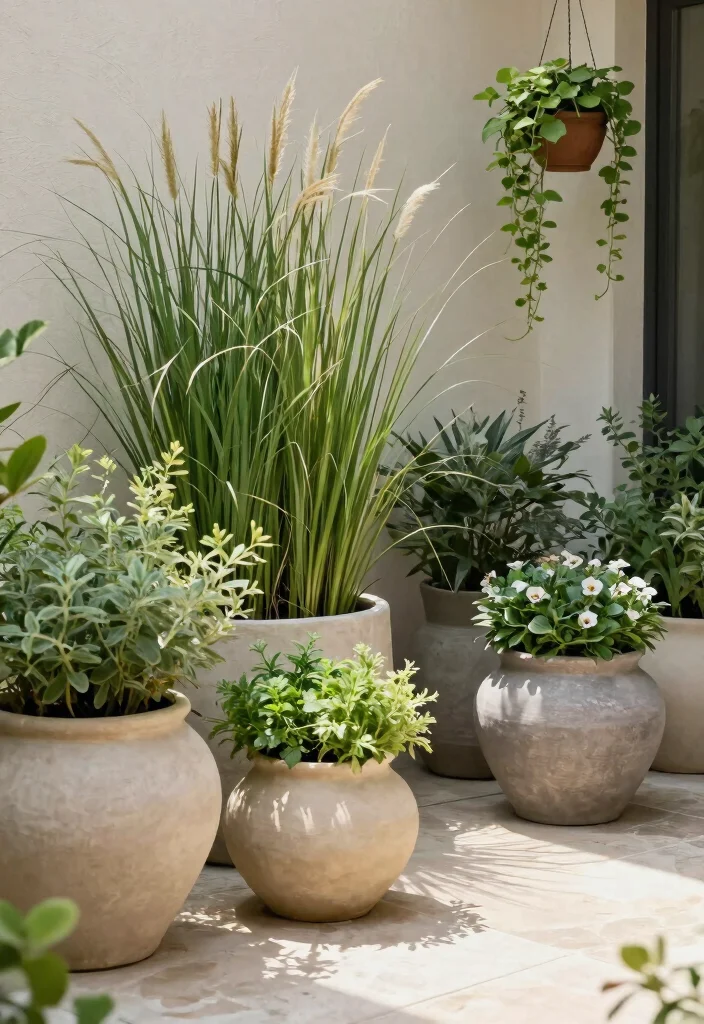 9 Calm Neutral Patio Decor Ideas for a Minimalist Look 3. Neutral Planters with Greenery 0